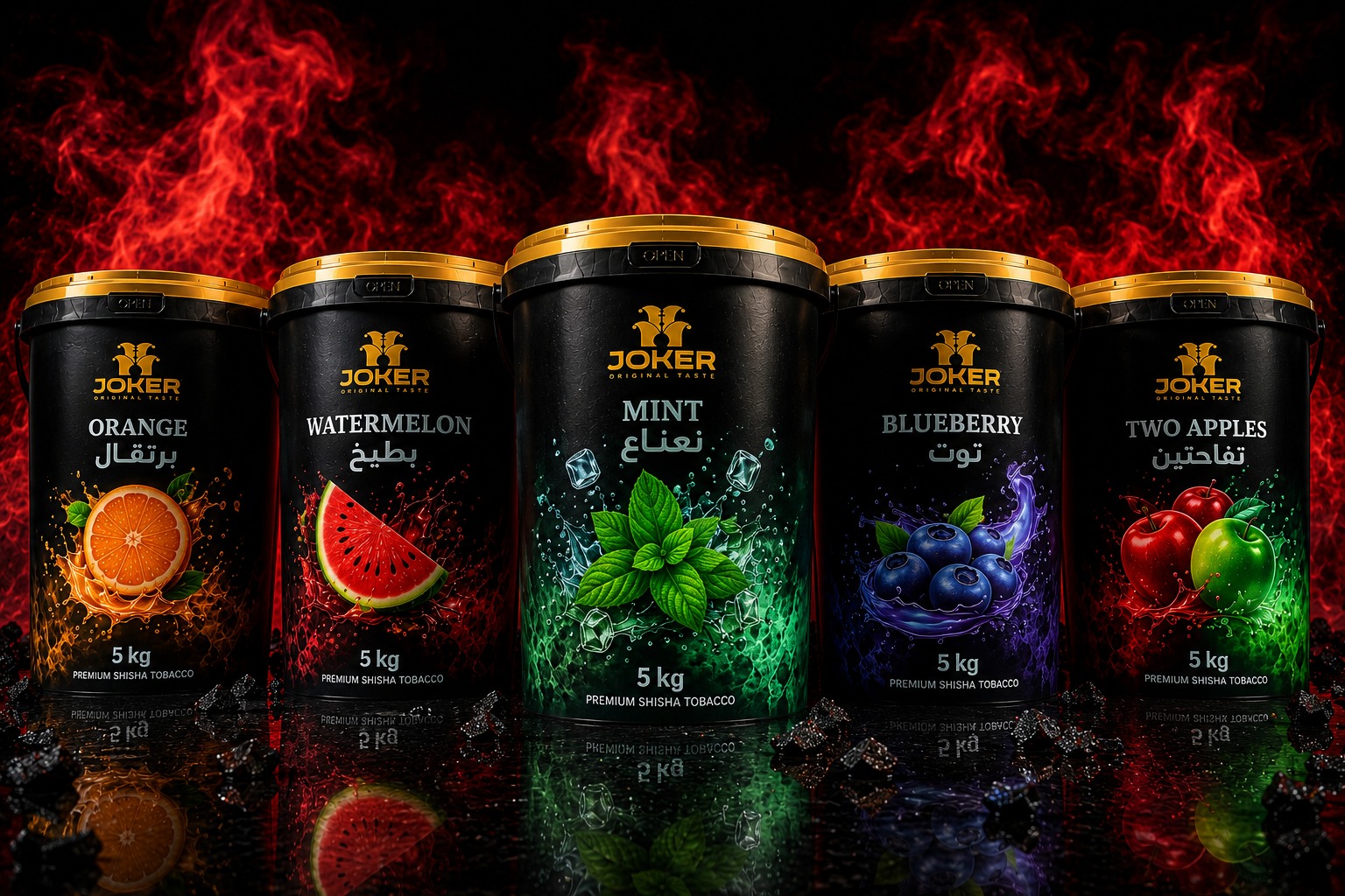 Joker 5 KG bulk buckets lineup — Orange, Watermelon, Mint, Blueberry, Two Apples